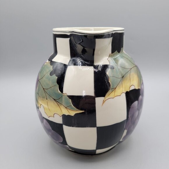 Laura Ashley Grapefields Ceramic Pitcher Hand Painted Checkered - Picture 4 of 9